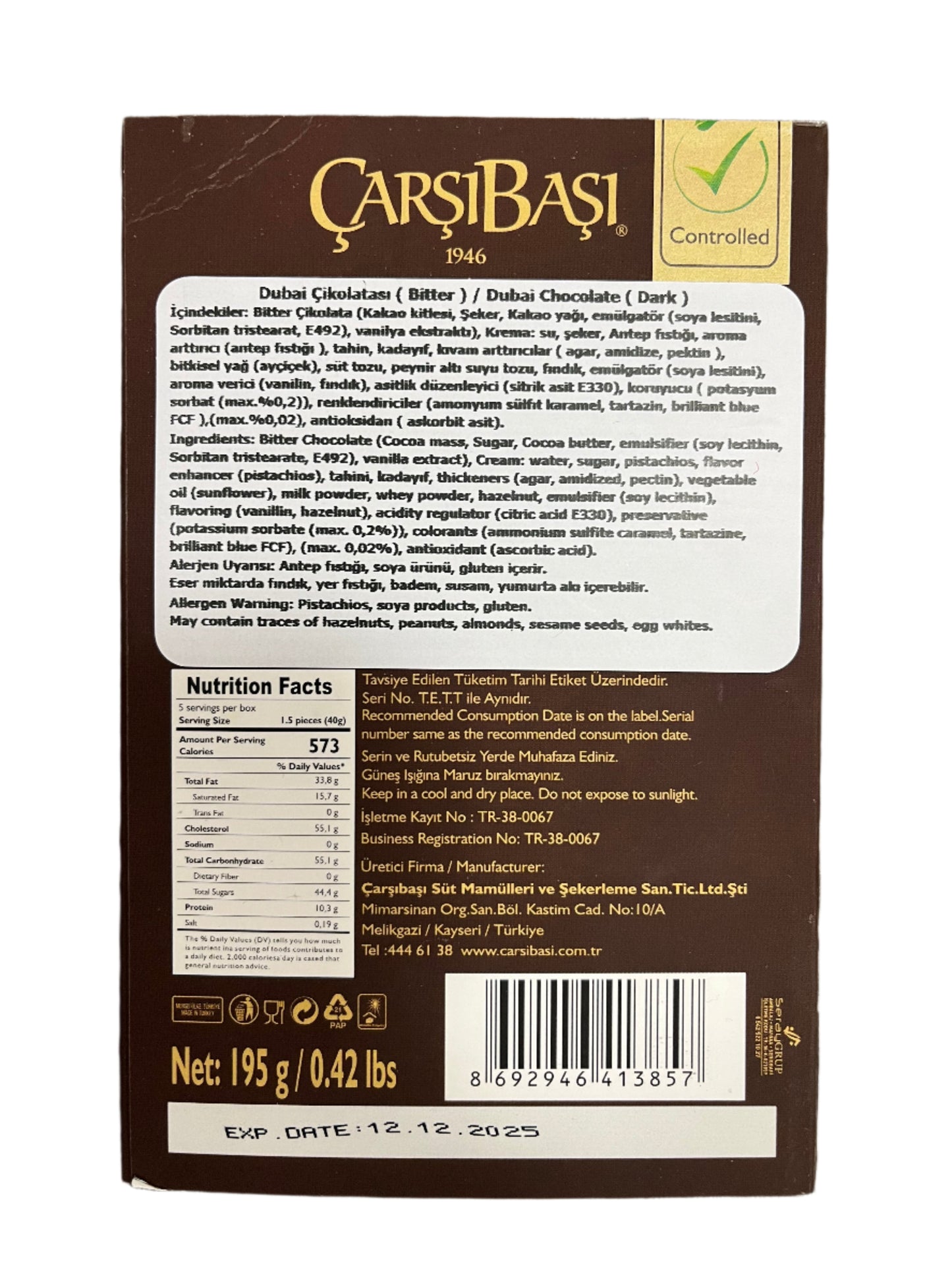 Carsibasi Dubai Chocolate Rich And Indulgent 195G Of Pure Delight